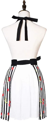 Vista 2 de Encantador y cómodo Claccic Negro Rayas y Moda Cereza Falda Delantal Mujer Cocina Mujer Delantal para damas Niñas Esposa Hija (negro), Negro