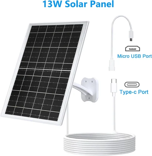 Vista 2 de Zivif Panel Solar USB de 13W para Cámaras de Seguridad, Cargador Solar con Cable USB-C, DC 5.5x2.1mm y Puerto Micro USB, Resistente al Agua IP66