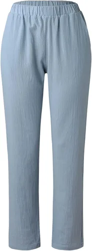 Vista 3 de Pantalones de lino para mujer, de verano, casuales, de tiro alto, cónicos, de algodón, cintura elástica, con bolsillos