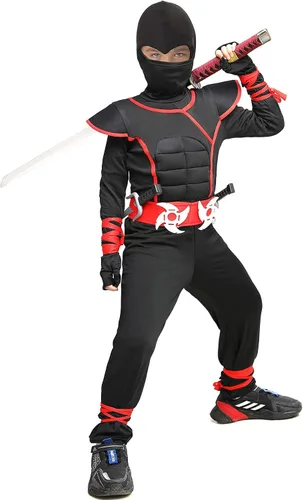 Vista 3 de Doxrmuru Disfraz de ninja para niños disfraz de ninja muscular para Halloween disfraz de ninja con máscara