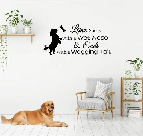 Vista 2 de Vinilo decorativo para pared, diseño de amor, comienza con una nariz mojada y termina con una cola meneante, lindo apartamento de perrito