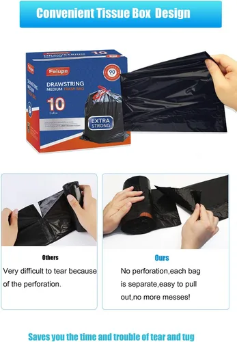 Vista 4 de Bolsa de basura con cordón de 10 galones, forro para basura, 0.9 mil, 90 unidades (negro, 10 galones)