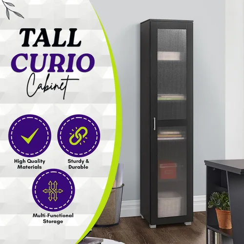 Vista 3 de Kings Brand Furniture Romero - Armario de almacenamiento alto Curio, estantería alta perfecta para sala de estar, cocina, dormitorio y oficina, Negro