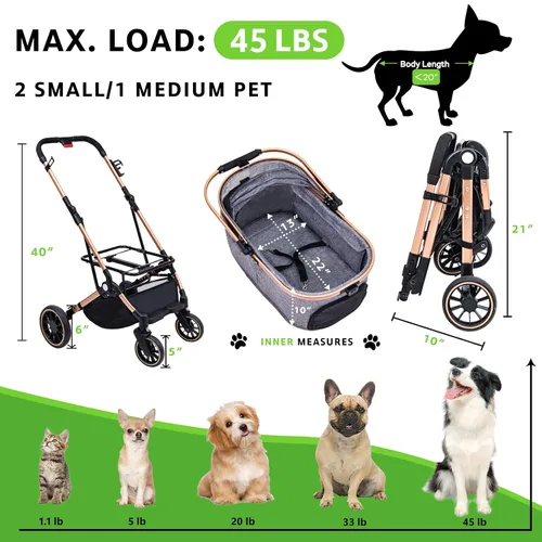 Vista 4 de [Usado] Cochecito para perros de 45 libras de peso máximo – Cochecito de mascotas 3 en 1 con cesta de almacenamiento desmontable, 4 ruedas de goma