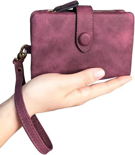 Vista 4 de PofeeXIO Billeteras pequeñas de cuero plegable para mujer, con ranuras para tarjetas, con cremallera y cremallera