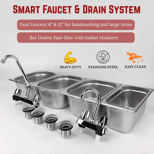 Vista 7 de 3 grandes + 1 pequeño lavado a mano, fregadero de acero inoxidable con 4 compartimentos Portable 3 Large + 1 Small sink with Dual faucet, bar