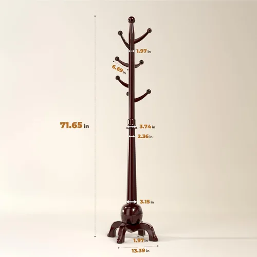 Vista 3 de Perchero de madera independiente, árbol de madera maciza con 8 ganchos, árbol de abrigo independiente resistente con base estable, entrada, pasillo