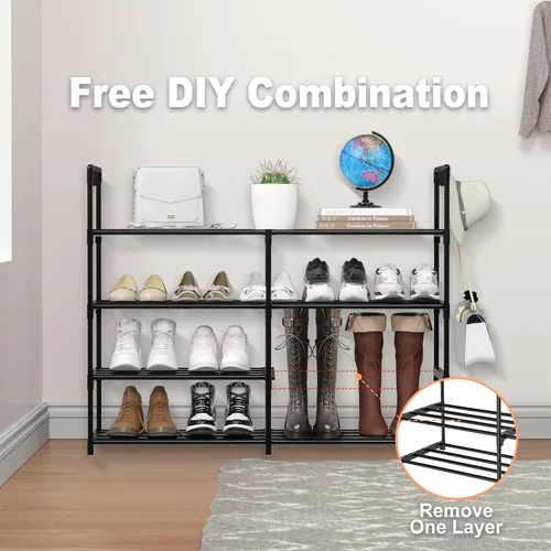 Vista 8 de Estante para zapatos de 2 filas y 4 niveles, estante de zapatos apilable de metal negro con ganchos multifuncionales, capacidad para 16-20 pares