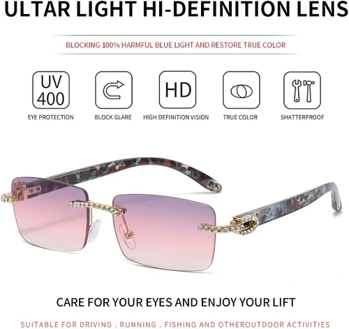 Vista 5 de KAMMPT Gafas de sol vintage sin montura para mujeres y hombres lentes rectangulares de metal dorado con diamantes sin marco