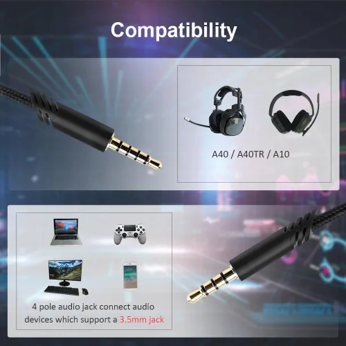 Vista 4 de Cable de repuesto para auriculares Astro A40 con botón de silencio en línea para auriculares Astro A10/A40/A40TR/A50, compatible con controlador