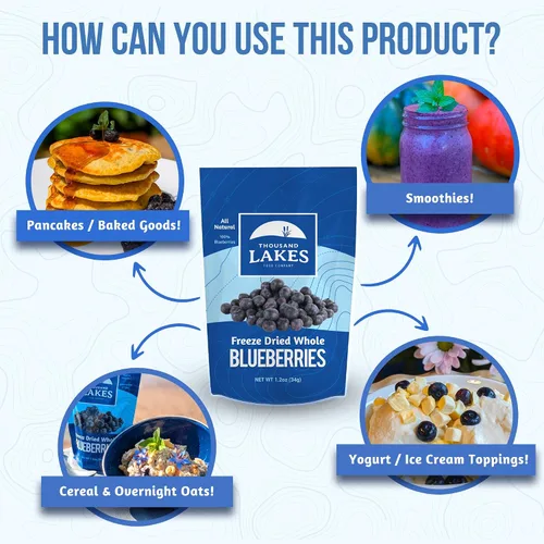 Vista 3 de Thousand Lakes Fruta Deshidratada Congelada - Arándanos 3.5 onzas Sin Azúcar Agregado 100% Arándanos Enteros 100% Whole Blueberries, Premium