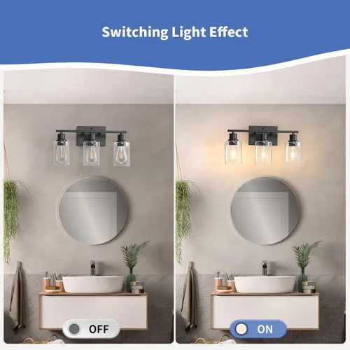 Vista 4 de 3 luces de tocador de baño, aplique de pared negro mate sobre espejo con cilindro templado de vidrio transparente grueso, accesorios de iluminación