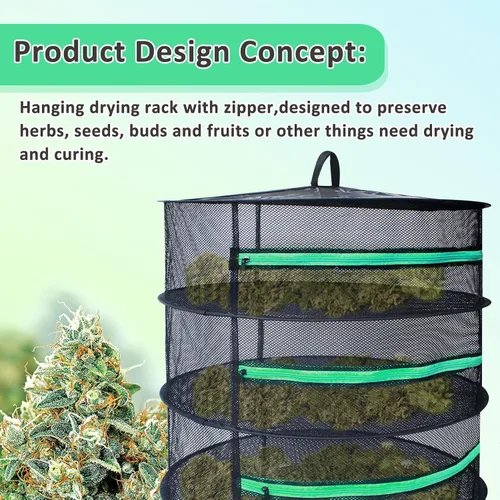Vista 4 de Growsun 18 '' Diámetro 6 Capa Hierba Secado Rack Planta Colgante Malla Red Seca W/Verde Cremallera