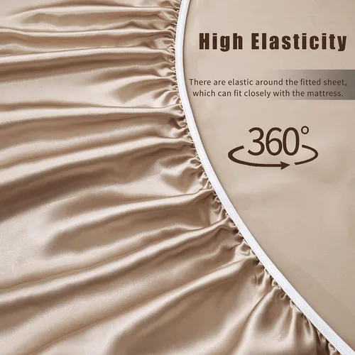 Vista 5 de VACVELT Juego de 3 sábanas de satén color beige tamaño individual, juego de ropa de cama, sábana bajera de satén sedoso con bolsillo profundo de 15