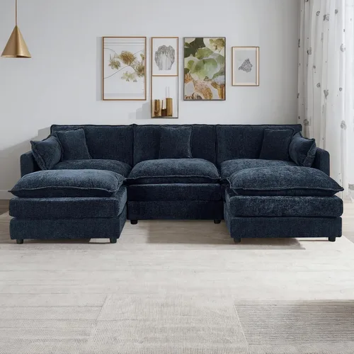 Vista 50 de Setawix Sofá Profundo de 3 Plazas con Otomana, Sofás de Nube en Forma de L de 112.2" para Sala de Estar, Sofá de Nube de Chenilla con Asiento Café