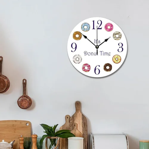 Vista 5 de ArogGeld It's Donut Time - Reloj de pared con forma de dona, silencioso, redondo, de madera, funciona con pilas, multicolor, talla única