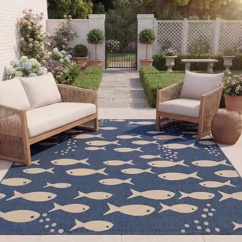 Vista 22 de SAFAVIEH Alfombra lavable para exteriores, colección Patio de 2.3 x 12 pies, color azul y beige, no desprende pelusa y fácil de limpiar, ideal