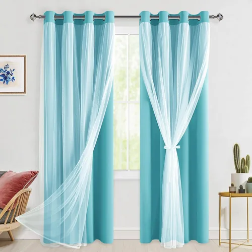 Vista 125 de Hiasan Cortinas opacas con superposición transparente, aislamiento térmico para mezclar y combinar de doble capa, cortinas de oscurecimiento de Beige