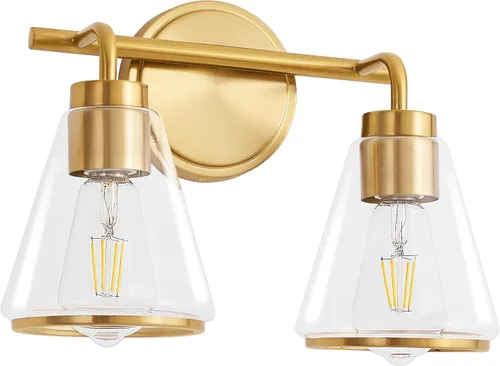 Vista 9 de Accesorios de iluminación de baño sobre espejo Luces de tocador doradas de 2 luces con pantalla de vidrio transparente de 14 pulgadas Luces
