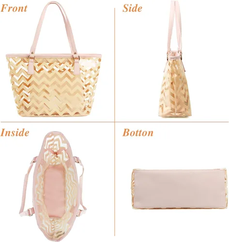 Vista 4 de MICOM Bolsas transparentes con bolso de hombro a rayas cheurón completo con bolsillo