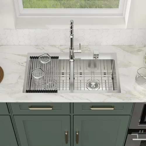 Vista 8 de Logmey - Fregadero de cocina de 32 pulgadas con doble tazón de montaje superior - Fregadero de cocina de acero inoxidable hecho a mano de 32 x 18