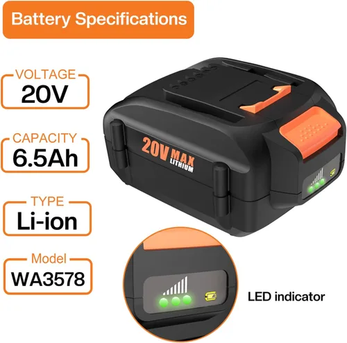 Vista 2 de Paquete de 2 baterías de repuesto de 20 V 6.5 Ah para batería Worx de 20 V WA3525 WA3520 WA3575 WA3578, con cargador de batería de 20 voltios