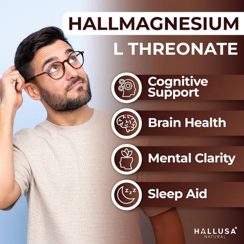 Vista 4 de Hallusa Natural Cápsulas de L-treonato de magnesio de 2000 mg, suplemento de apoyo cognitivo para la salud y la memoria del cerebro, claridad