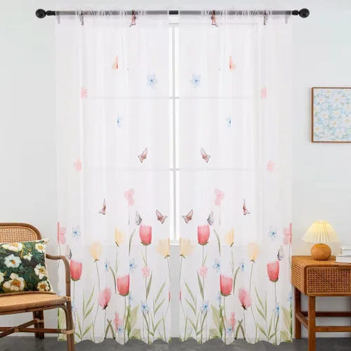 Vista 13 de youleyar Cortinas traslúcidas florales para sala de estar, 2 paneles de 54 pulgadas de largo, cortinas semitransparentes blancas con estampado