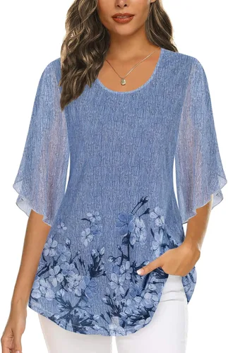 Vista 2 de Ninedaily Blusas de manga 34 para mujer, estilo casual, de doble capa, de malla, tipo túnica