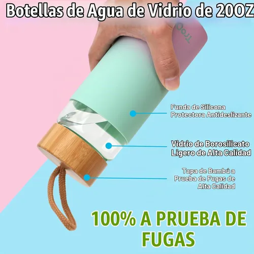Vista 3 de Tronco Botellas de agua de vidrio de 20 onzas con tapas, botellas de vidrio de borosilicato reutilizables con tapa de bambú y funda de silicona Negro