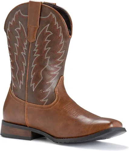 Vista 2 de IUV Botas de Vaquero para Hombre de Pie Ancho Punta Cuadrada Botas Occidentales con Bordado Clásico Duraderas Sin Cordones