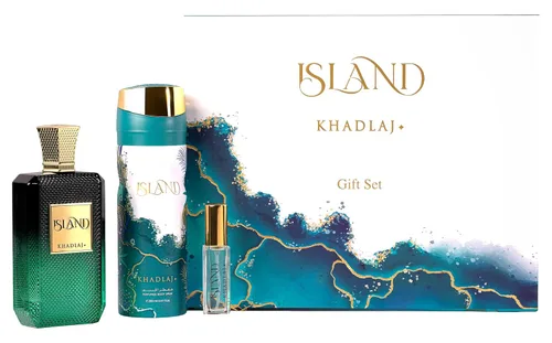 Vista 3 de Khadlaj Island - Juego de regalo de 3 piezas unisex (3.4 oz Extrait de Parfum Spray + 6.8 oz Desodorante Spray + Spray de Viaje de 0.27 oz)