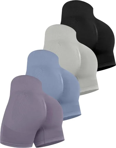 Vista 25 de CHRLEISURE Pantalones Cortos de Entrenamiento para Mujer, 4 Paquetes, Cintura Alta, Levantamiento de Glúteos con Fruncido, Pantalones Cortos Booty