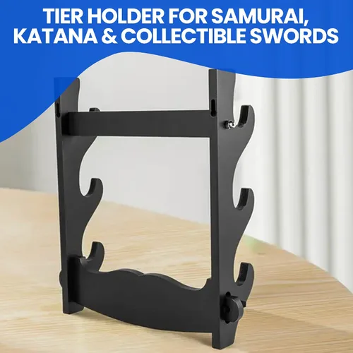 Vista 4 de SZCO Estante de exhibición de pared Three Sword – Soporte de madera de 3 niveles para samuráis, katana y espadas coleccionables – Percha de pared