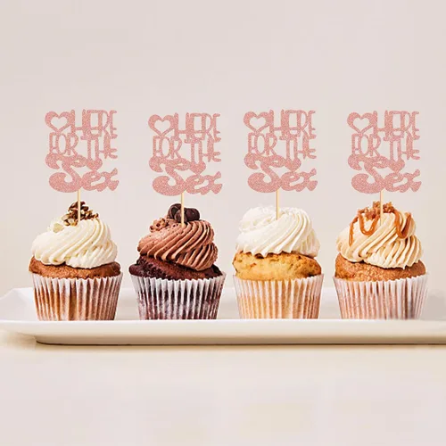 Vista 6 de Ercadio Paquete de 24 adornos para cupcakes sexuales, color oro rosa, con purpurina para cupcakes sexuales, para revelación de género, para baby