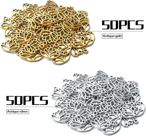 Vista 2 de 100 dijes de loto de aleación, para yoga, flor de loto, abalorios, suministros de manualidades para manualidades, collares, pulseras, joyería