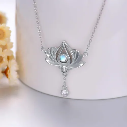 Vista 3 de Flpruy Collar de flor de loto de plata de ley con colgante de piedra lunar relleno de pequeño diamante, delicado colgante de loto, joyería de piedra