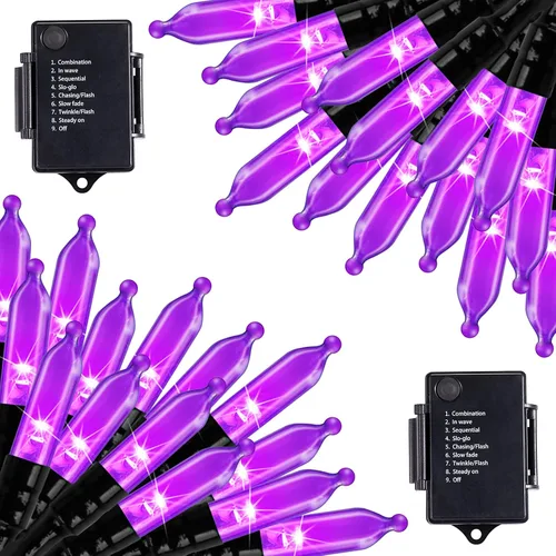 Vista 12 de Luces de Halloween naranja púrpura para exteriores, 17.8 pies, 50 luces LED de Navidad con 8 modos, mini tira de luces impermeables a pilas para uso