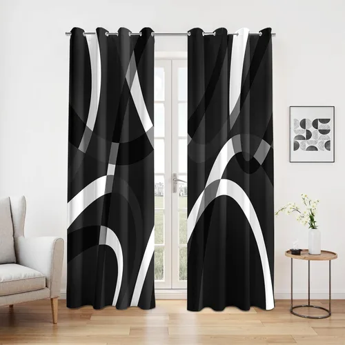 Vista 3 de weesire Cortinas opacas modernas para dormitorio, sala de estar, 2 paneles, 100% opacas, cortinas con patrón circular blanco y negro, cortinas