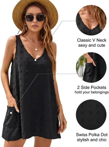 Vista 3 de Blooming Jelly Vestidos casuales de verano para mujer con lunares suizos, cubrebañador de playa sin mangas con cuello en V y bolsillos