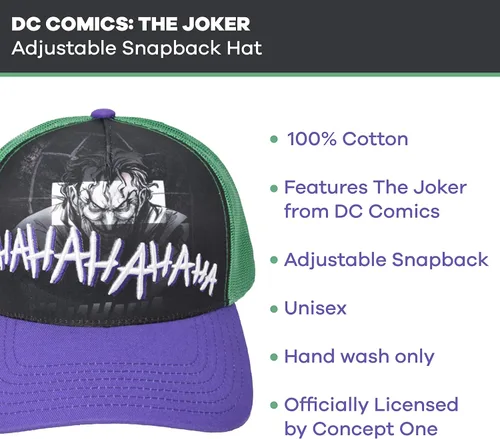 Vista 6 de Concept One DC Comics The Joker Raughing 3D Gorra ajustable de algodón Snapback para camionero, color verde, talla única