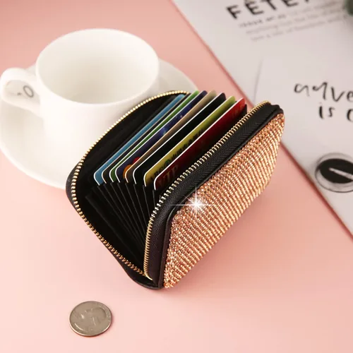 Vista 6 de AsAlways Funda con cremallera multicapa con diamantes de imitación RFID, cartera pequeña delgada para mujer, Oro, Moderno