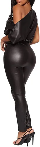 Vista 3 de Jsarle Vestidos sexys para mujer, de un hombro, manga corta, murciélago, ajustado, mini vestido de cuero, para fiesta, boda, club, vestido