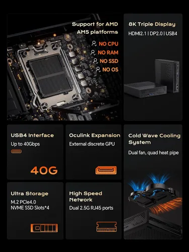 Vista 2 de MINISFORUM MS-A1 Mini Estación de Trabajo Barebone Mini PC, Salida Triple 4K HDMI DP USB-C, 4X Ranura SSD PCIe, 2X Puerto Ethernet 2.5G, 4X USB