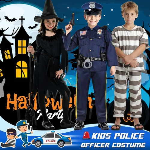 Vista 6 de Joycover Disfraz de oficial de policía para niños, disfraz de policía de lujo para niños con accesorios, disfraces de Halloween para niños y niñas