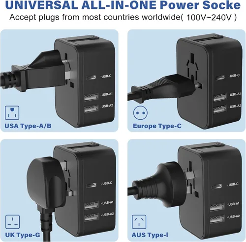 Vista 5 de Adaptador de enchufe de viaje con 2 USB A+1 USB C, adaptador de viaje universal todo en uno, convertidores de corriente, cargador de pared