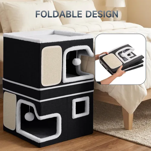 Vista 7 de Camas dobles para gatos de interior, casa para gatos de 2 pisos con grandes y acogedores escondites, cubo cueva de doble propósito con almohadillas