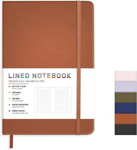 Vista 9 de Cuaderno diario rayado para mujeres y hombres, 200 páginas A5 diarios de tapa dura de cuero para escribir, viajes, escuela, oficina, trabajo, Negro