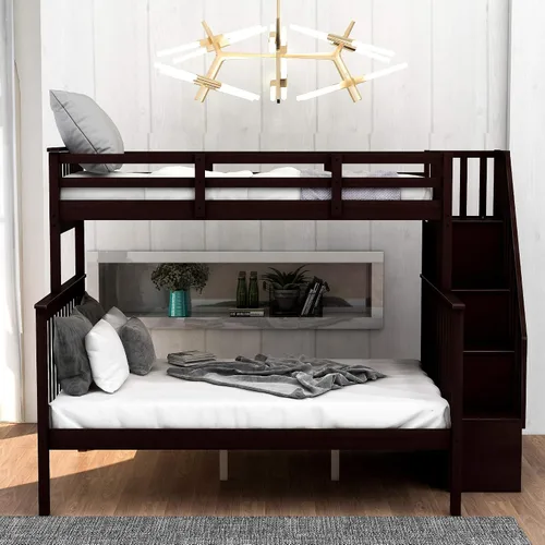 Vista 3 de Harper & Bright Designs Litera individual sobre tamaño matrimonial con escaleras y almacenamiento, cama alta de madera de pino maciza para niños