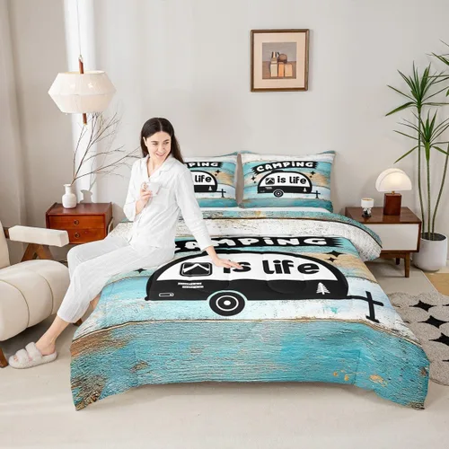 Vista 39 de Juego de ropa de cama con temática de cámper, juego de edredón de cabaña de madera marrón y verde, tamaño matrimonial, 3 piezas, decoración de Multi